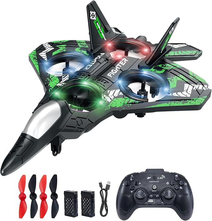 Drones for Kids Form RC Plane Remote Control Airplane Aircrafts for Boys and Girls Jet Helicopter Drones with LED Lights 360° Flip 2 Rechargeable Batteries (Green)