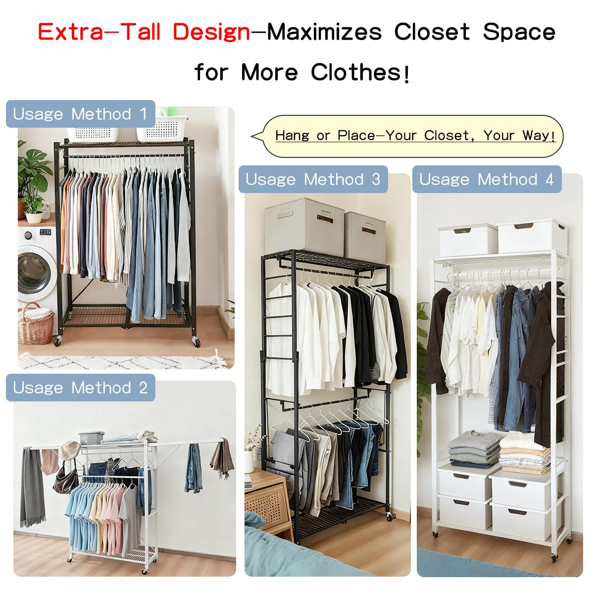 lumizone Folding Clothing Rack with Wheels Expandable Wardrobe Portable Clothes Rack for Hanging Clothes Adjustable Closet Shelves Garment Rack Durable Closet Racks for Hanging Clothes (Pro Black)