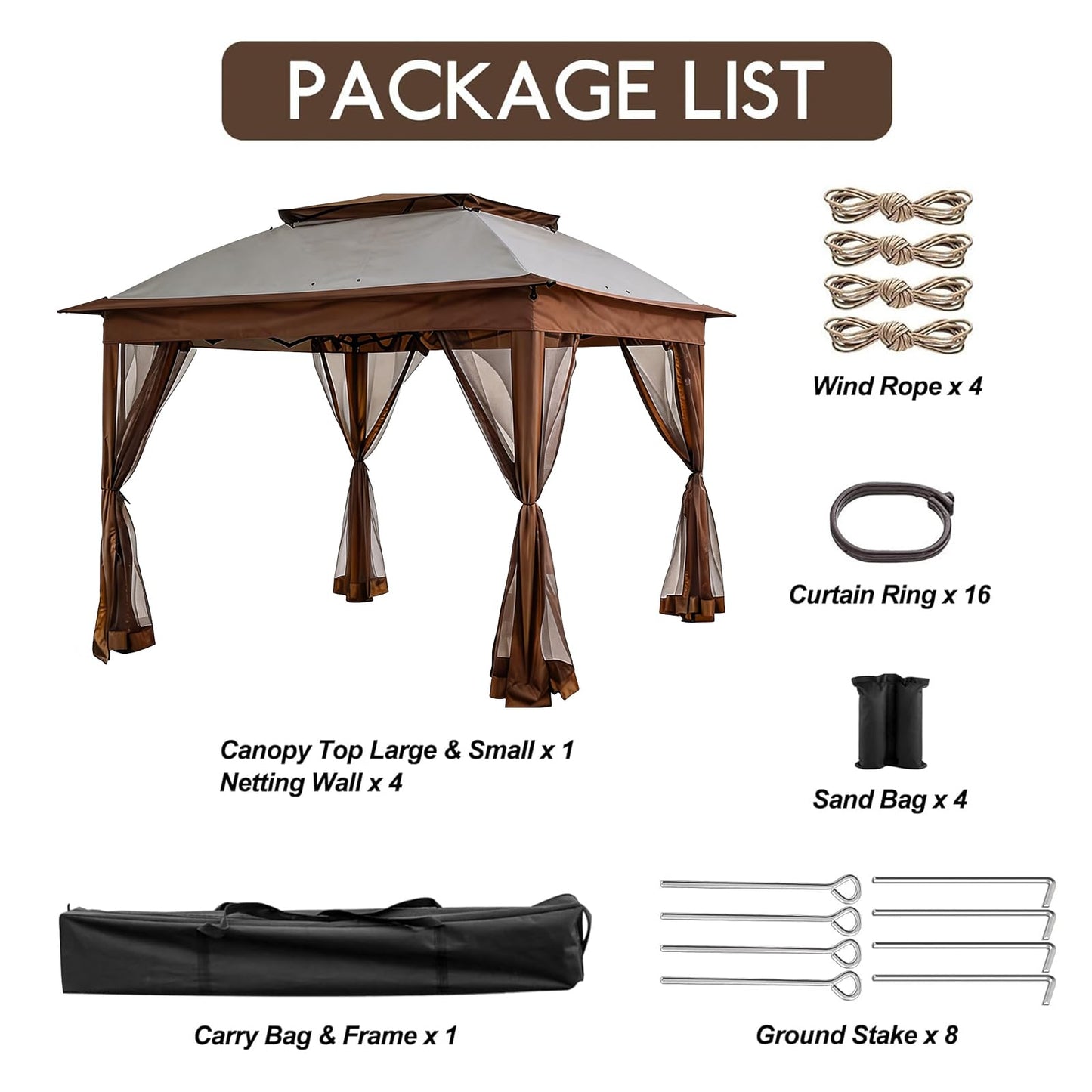 Solaroxy 10' x 10' Pop Up Gazebo Tent, Outdoor Screen Canopy Shelter, Instant Patio Sun Shade Gazebo Tent with 2 Tiers Roof & Mesh Netting for Garden, Lawn, Backyard, Party, Beige & Coffee