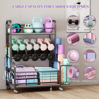 Homeiju Dumbbell Rack,Weight Rack for Home Gym, Home Gym Storage for Dumbbells Kettlebells Yoga Mat and Strength Training Equipment,Weight Storage Rack for Dumbbells with Wheels&Hooks(Grey)