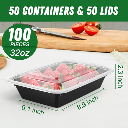 Regine Switzerland 32 oz Meal Prep Containers - 50 Pack, Reusable, Leakproof, Microwave & Dishwasher Safe, Black
