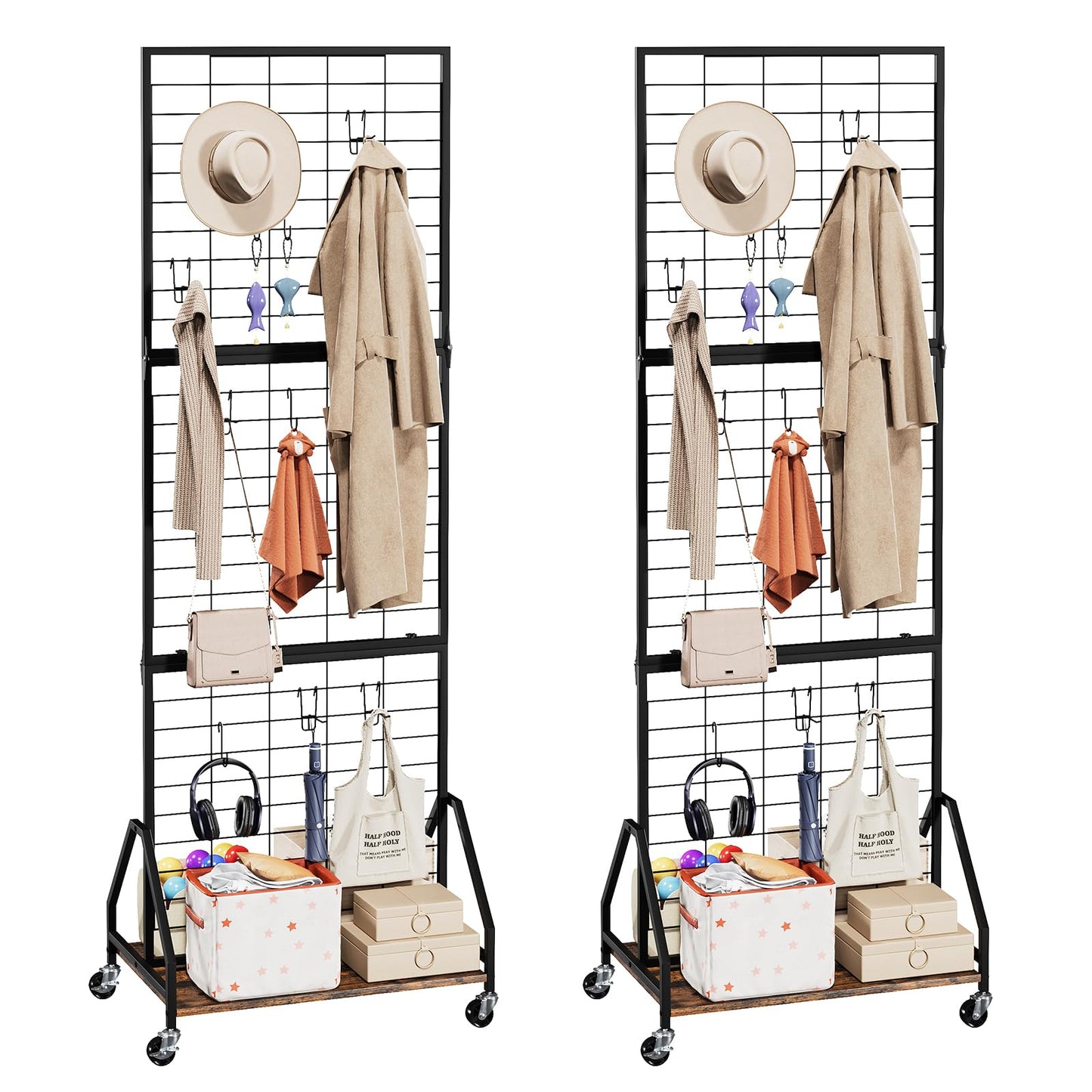 ELYKEN 2 Pack Foldable Grid Wall Panels 5.7' x 2' FT, Movable Wire Gridwall Display Rack with Wheels and Adjustable Foots, Retail Display Stand for Vendor with Storage (Rustic Brown)