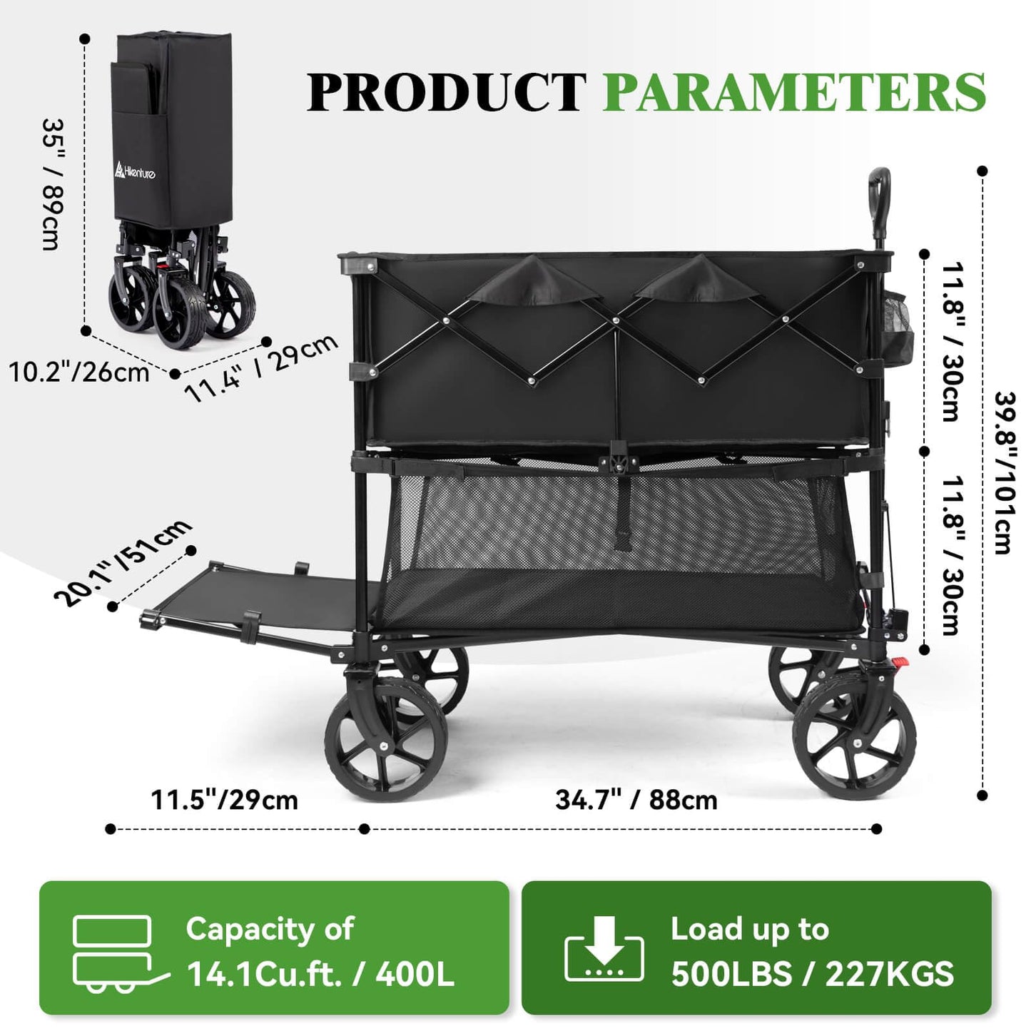 Hikenture Double Decker Wagon, 400L Extra Large Beach Wagon with Big Wheels for Sand, 500LBS Heavy Duty Collapsible Cart with Tailgate, Utility Carts Foldable for Beach, Sports
