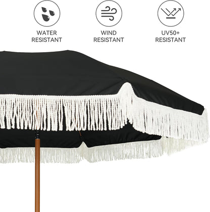 AMMSUN 7ft Patio Umbrella - Outdoor Fringe Umbrella with UPF50+ Protection & Steel Pole | Black