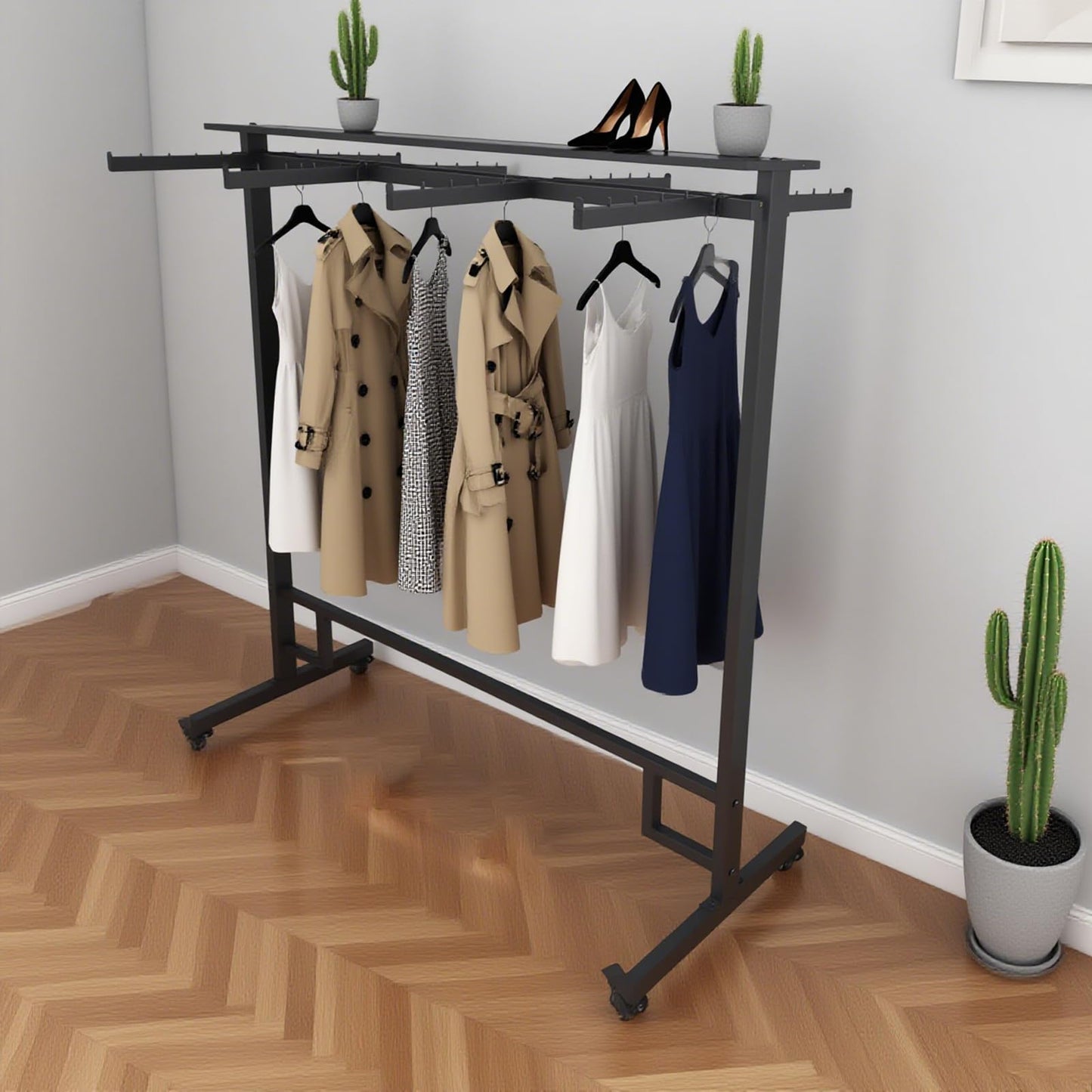 BFECGDXT Retail Clothing Rack with Adjustable 8 Arms, Portable Boutique Display Hanging Stand on Wheels and Top Shelf, Floor Standing Metal Garment Shirts Racks, Black