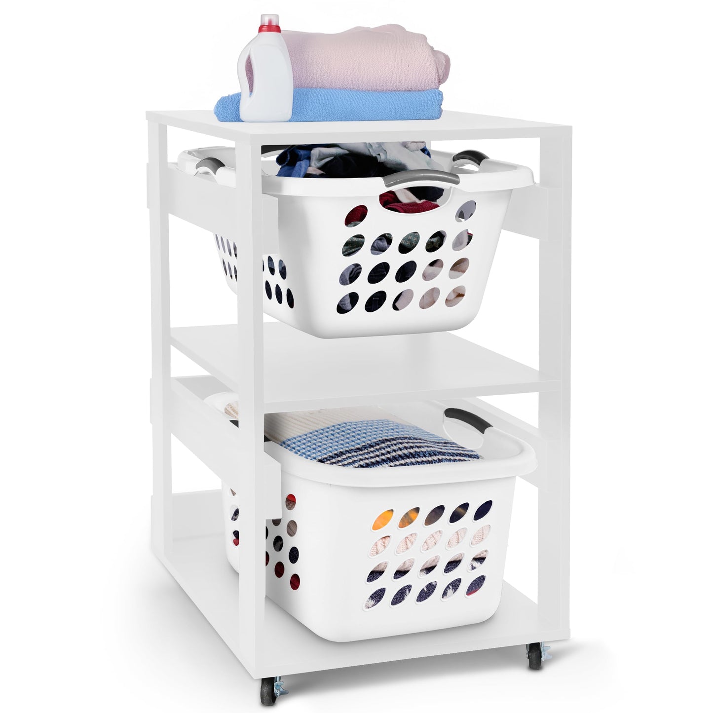 Laundry Basket Holder Shelf – Stackable Engineered Wood Laundry Tower with Wheels, Tiered Laundry Hamper Organizer for Bathroom, Bedroom, Closet (White, 2 Tier)