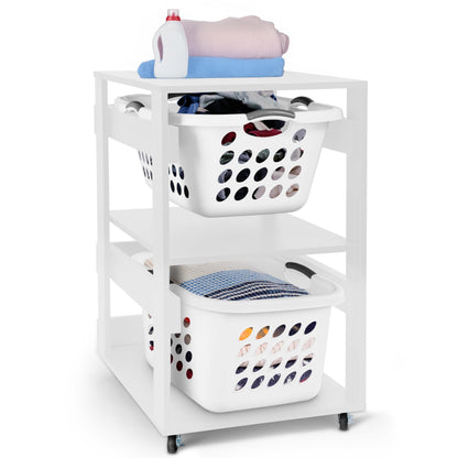 Laundry Basket Holder Shelf – Stackable Engineered Wood Laundry Tower with Wheels, Tiered Laundry Hamper Organizer for Bathroom, Bedroom, Closet (White, 2 Tier)