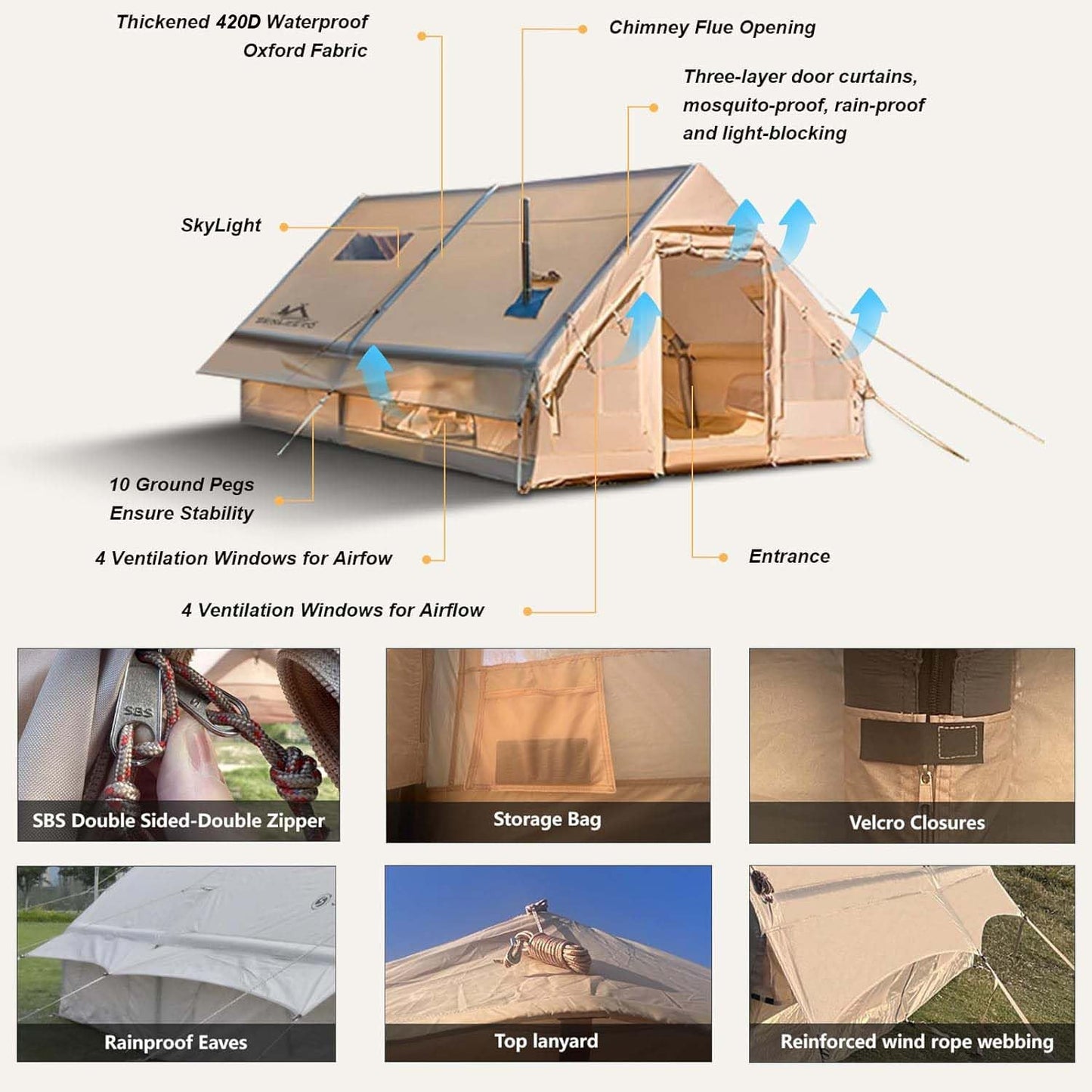 13' x 10' Large Inflatable Tent for Camping 8-10 Person, 4 Season Inflatable Hot Tent with Stove Jack, Easy Setup Blow Up Tents for Camping with Hand Pump, Waterproof Floor Matress