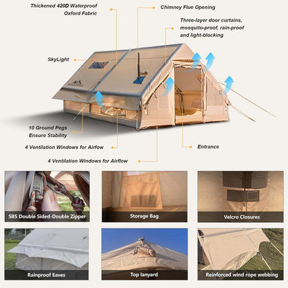 13' x 10' Large Inflatable Tent for Camping 8-10 Person, 4 Season Inflatable Hot Tent with Stove Jack, Easy Setup Blow Up Tents for Camping with Hand Pump, Waterproof Floor Matress