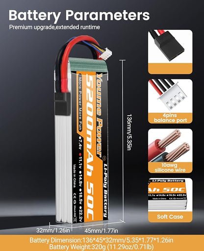 3S Lipo Battery 5200mAh Shorty 11.1V RC Battery 50C with Tr Plug Soft Case Compatible with 1/8 1/10 Scale RC Car Truck Vehicle Tank Buggy Truggy Boat Drone Aircraft Airplane (2 Packs)