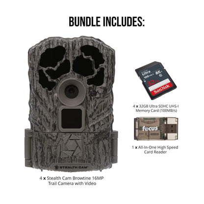 Stealth Cam Browtine 16MP, Durable, 60 Feet Infrared Detection Range, and Burst Mode Trail Camera (4-Pack) Bundle with USB 2.0 Card Reader, and Four 32GB Ultra SDHC UHS-I Memory Card (9 Items)