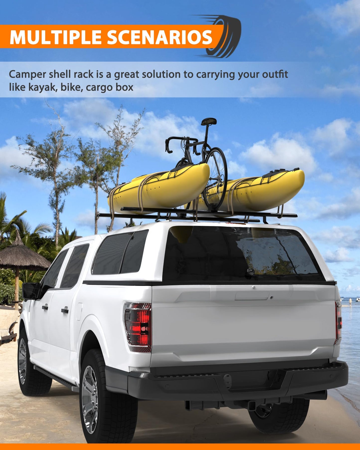 MELIPRON 60" Truck Topper Roof Rack for Pickup Truck Cap, Heavy Duty Aluminum Camper Shell Ladder Rack for Kayak/Canoe, 500lbs, Drilling Required