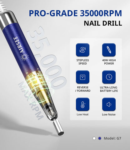 AIRSEE 35000 RPM Professional Electric Rechargeable Nail Drill File Machine for Acrylic Extension Gel Dip Powder Powerful Cordless Portable Efile 56 Sanding Bands 7 Bits LCD Scrn Salon Manicure Use G7