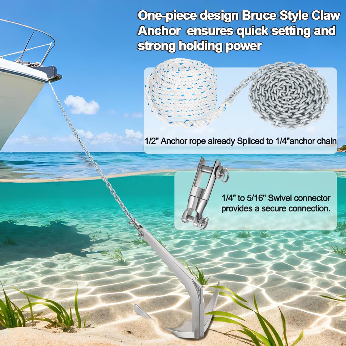 FUCNEN Boat Anchor Kit Galvanized Steel Bruce Style Claw Anchor 11 Lb, 1/2" Anchor Rope 100ft,1/4" G4 Galvanized Steel Marine Chain 10ft & Swivel, Windlass Anchor Rode-Rope/Chain System for Boat