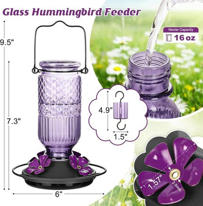FEED GARDEN Glass Hummingbird Feeder - 16 oz Outdoor Feeder with Bee-Proof Ports & Ant Moat, Purple