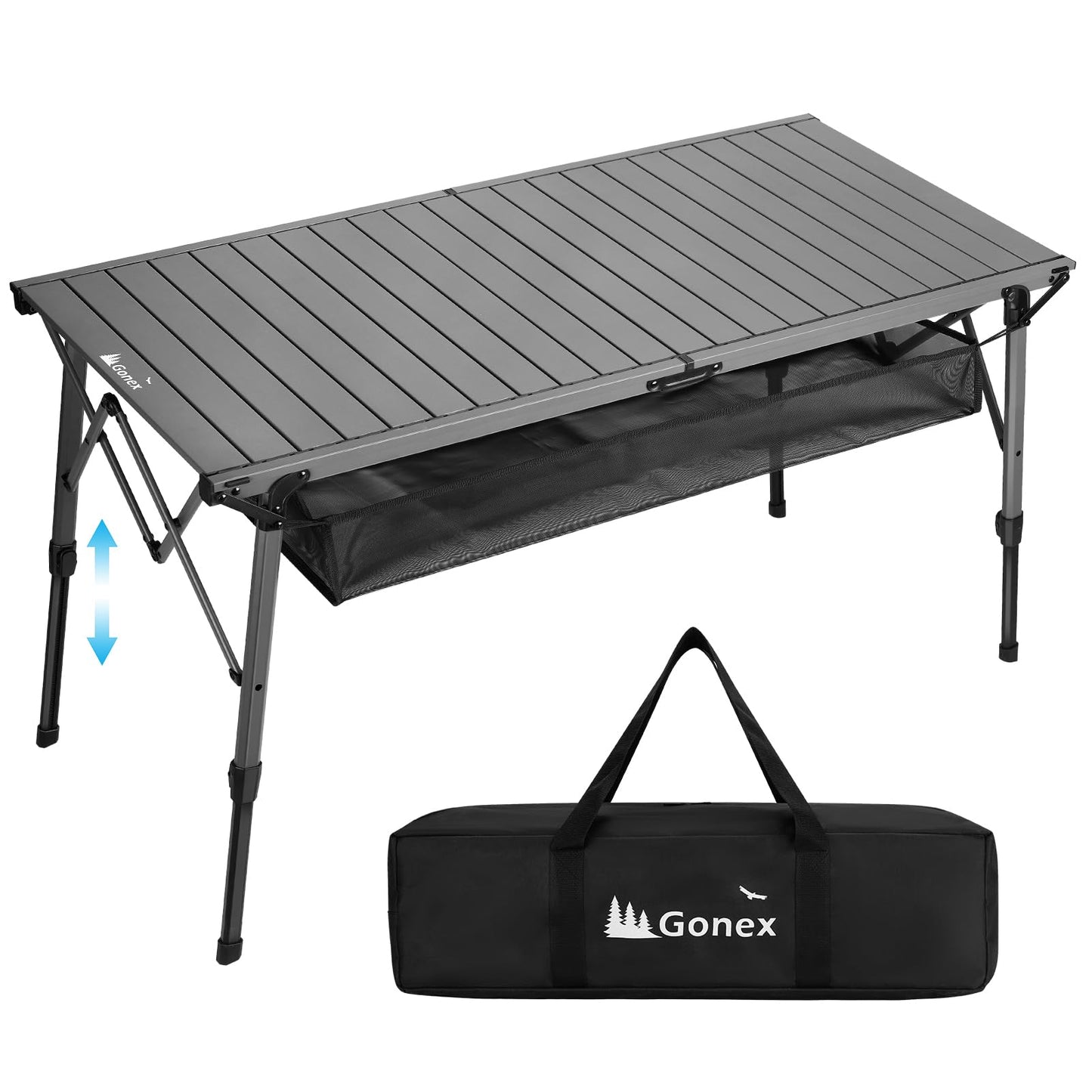 Gonex 50" Camping Table with Adjustable Height Legs for Uneven Ground, Portable Folding Aluminum Roll Up Table with Mesh Pocket for Camping, Picnic, BBQ, Cooking, Beach
