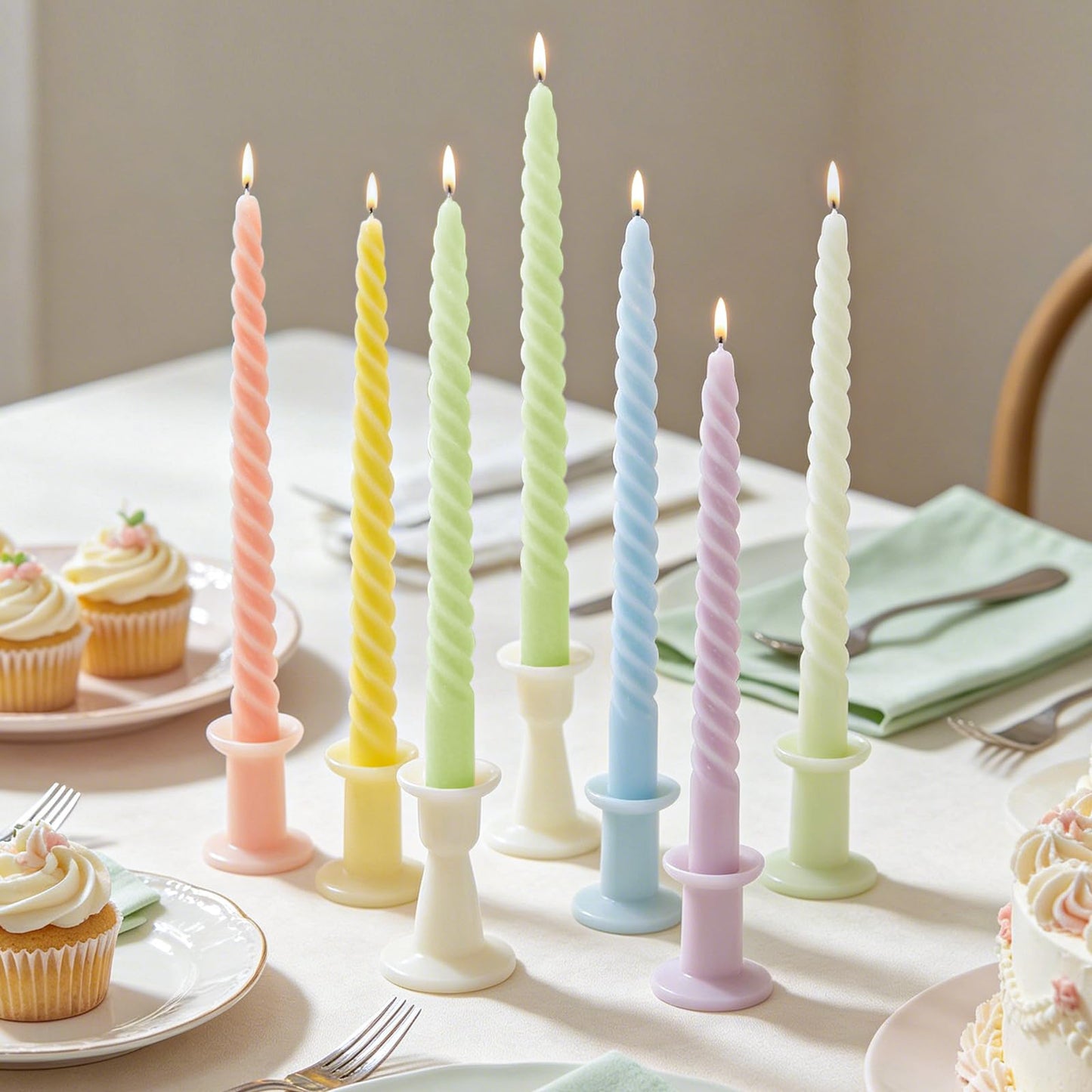 Whaline 12Pcs 10 Inch Cream Spiral Taper Candles 6 Colors Dripless Twisted Wax Candles Long Unscented Smokeless Candle Sticks for Holiday Birthday Celebration Home Party Dining Table Supplies