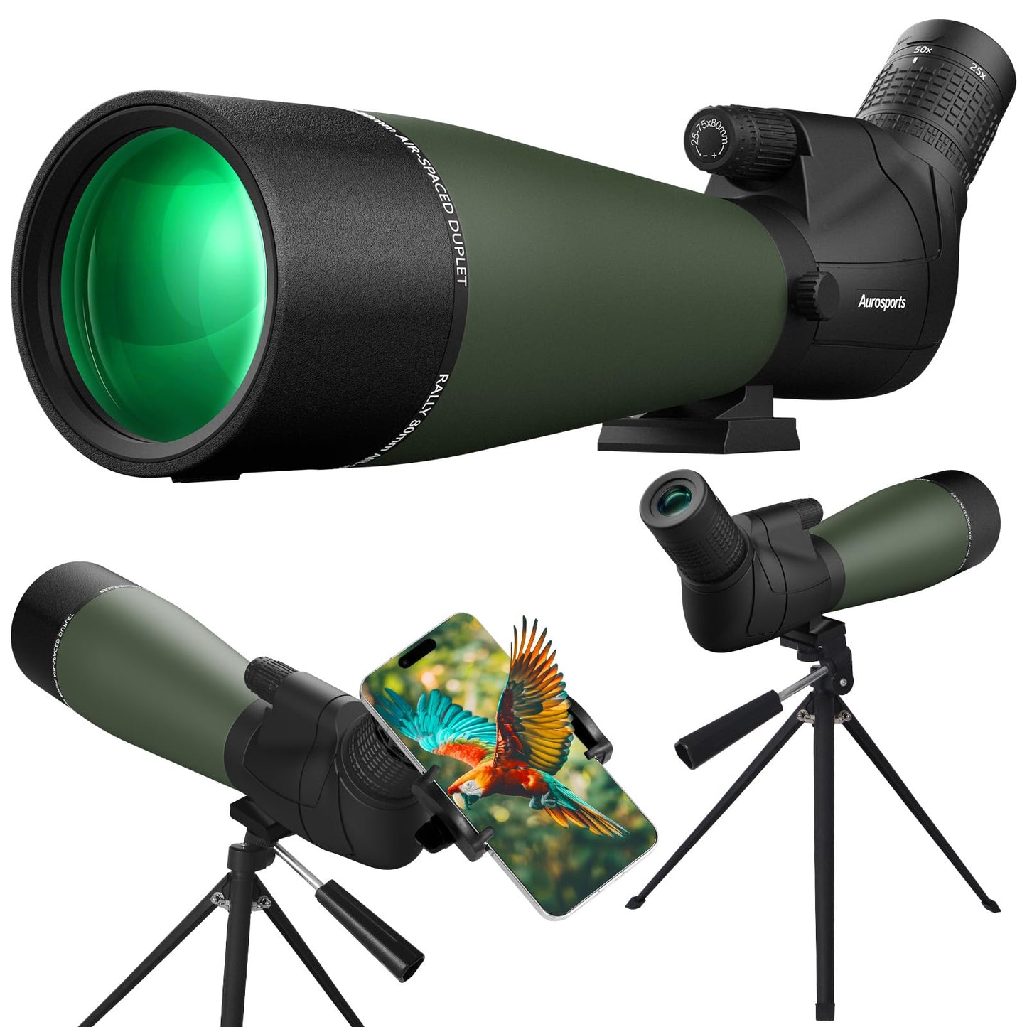 Aurosports 25-75X80 Spotting Scope with Tripod - BAK4 High Definition Waterproof Spotter Scope for Target Shooting Hunting Bird Watching, Scopes with Carrying Bag and Scope Phone Adapter (Green)
