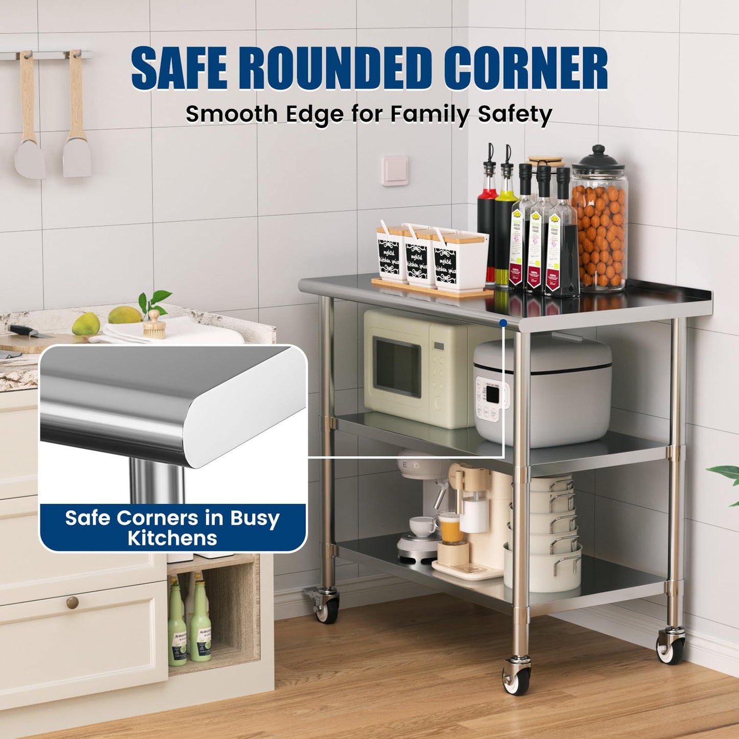 Chingoo Stainless Steel Work Table with Wheels, 24x48 Inch NSF Food Prep Table with Backsplash & 2 Adjustable Undershelves for Commercial Kitchen, Restaurant, Garage