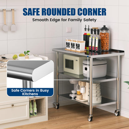 Chingoo Stainless Steel Work Table with Wheels, 24x48 Inch NSF Food Prep Table with Backsplash & 2 Adjustable Undershelves for Commercial Kitchen, Restaurant, Garage