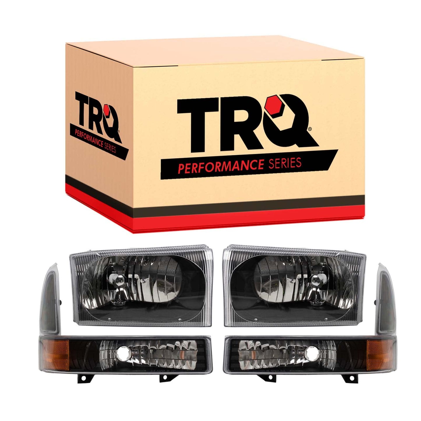 TRQ 2 Piece Headlight Assembly Set Performance Halogen Black Bezel Driver & Passenger Side Compatible with Ford Excursion 2000-2004 F250 F350 1999-2004 F450 F550 1999-2003