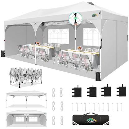 COBIZI 10x20 Pop Up Canopy Tent, Outdoor Party Tent with 4 Sidewalls, 1 Person Easy Set up, Tents for Parties with Fluorescent Strip & 4 Sandbags, Waterproof UPF50+, 3 Adjustable Height, White