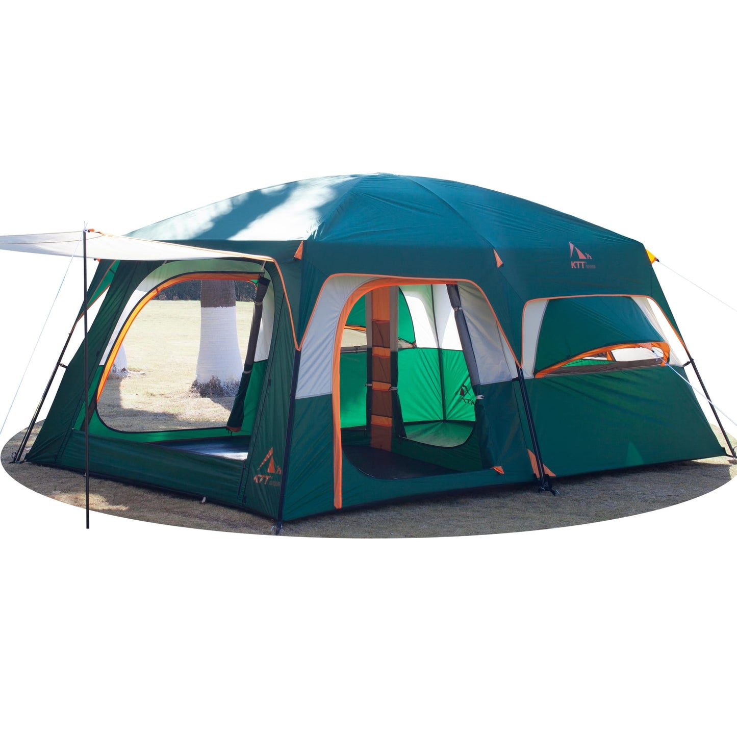 KTT Extra Large Tent 12 Person,2 Bay-Windows,Family Cabin Tents,14'Lx10'Wx6.58'H,2 Rooms and 3 Doors 3 Windows with Mesh,Waterproof,Straight Wall,Big Tent for Outdoor,Picnic,Camping,Gathering(Green)