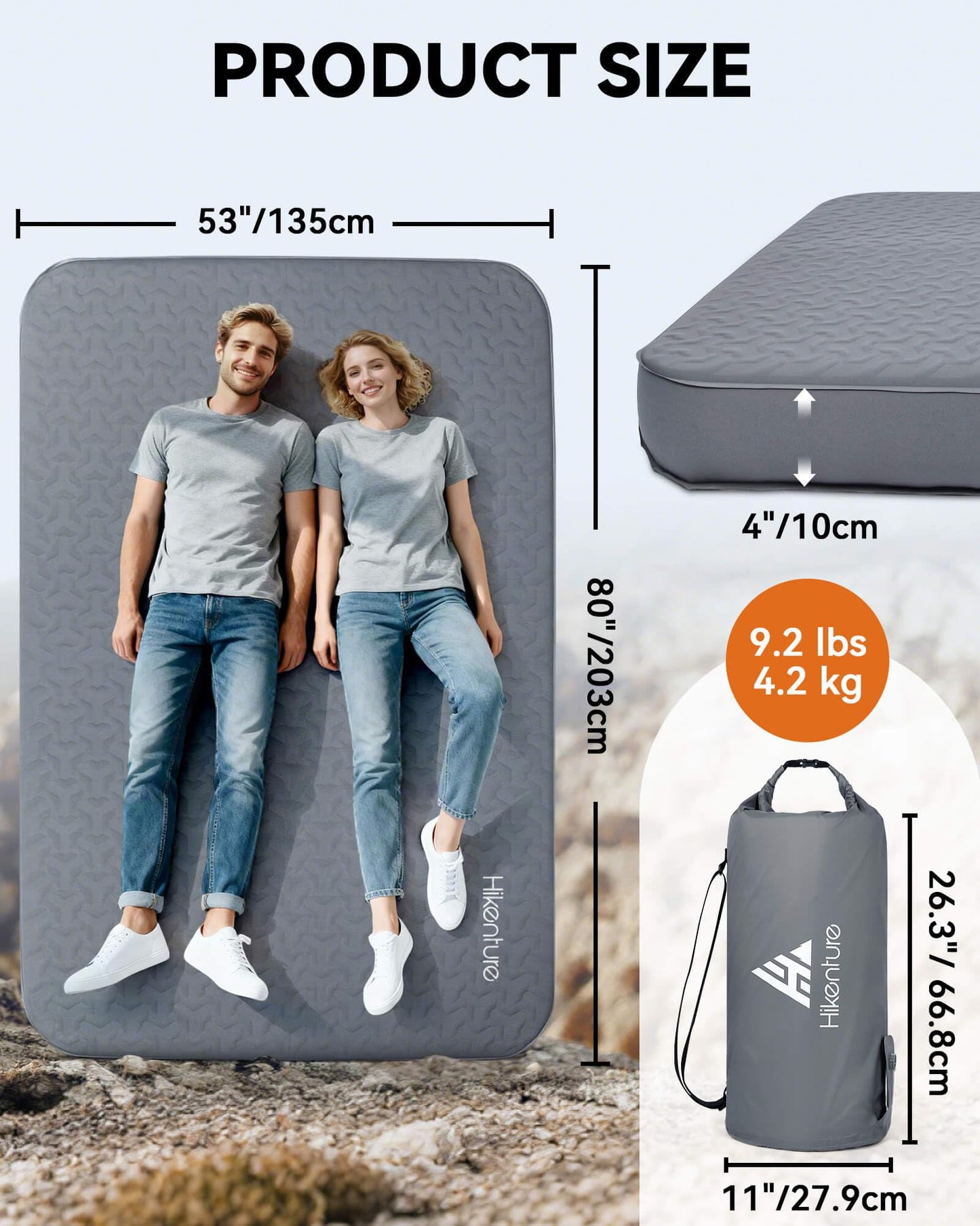 Hikenture 4" Thick Self Inflating Sleeping Pad with Electric Pump, Foam & Air Camping Mattress 2 Person, 9.5 R-Value Insulated Sleeping Mat, Portable Double Camping Pad for Tent, Car, Truck