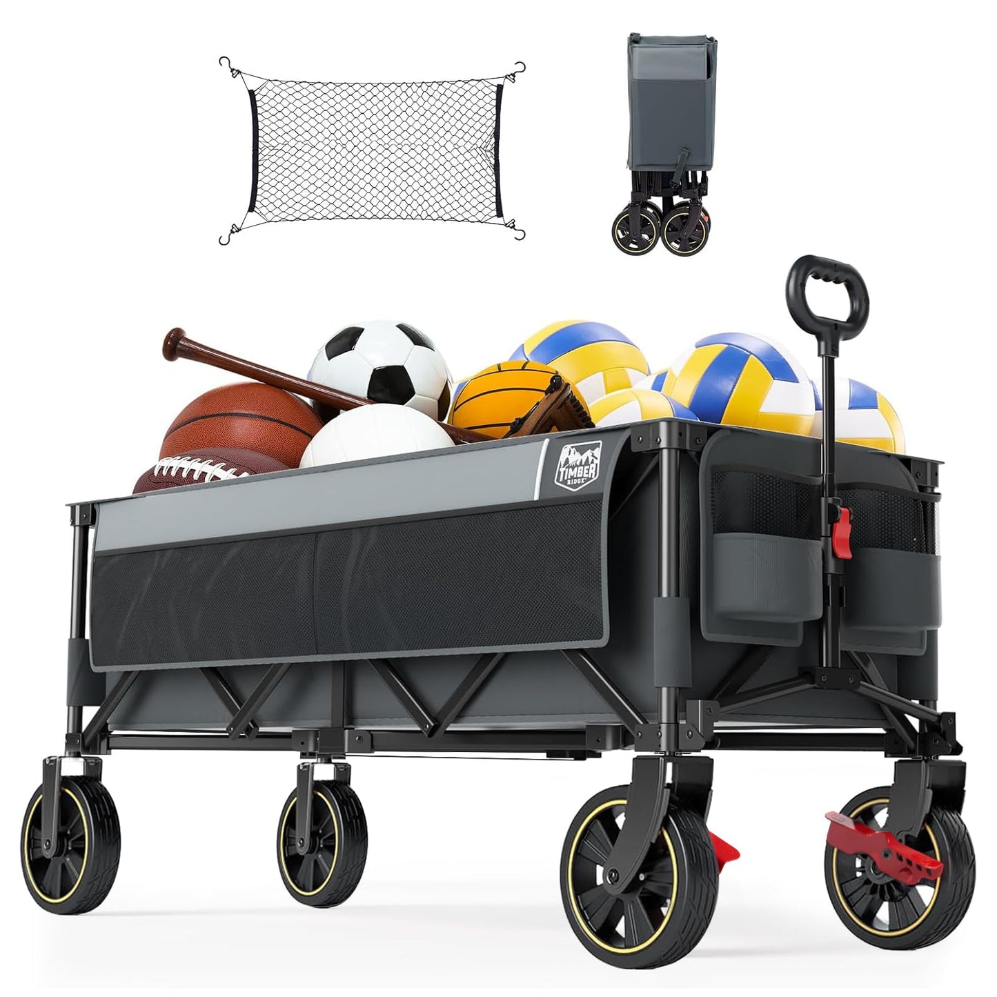Timber Ridge 51.2'' Extended Collapsible Wagon Cart, 500LBS Heavy Duty Foldable Utility Wagon with Adjustable Handle, 400L Capacity Portable Cart with Cargo Net for Camping Sports Shopping-Grey