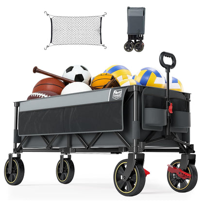 Timber Ridge 51.2'' Extended Collapsible Wagon Cart, 500LBS Heavy Duty Foldable Utility Wagon with Adjustable Handle, 400L Capacity Portable Cart with Cargo Net for Camping Sports Shopping-Grey
