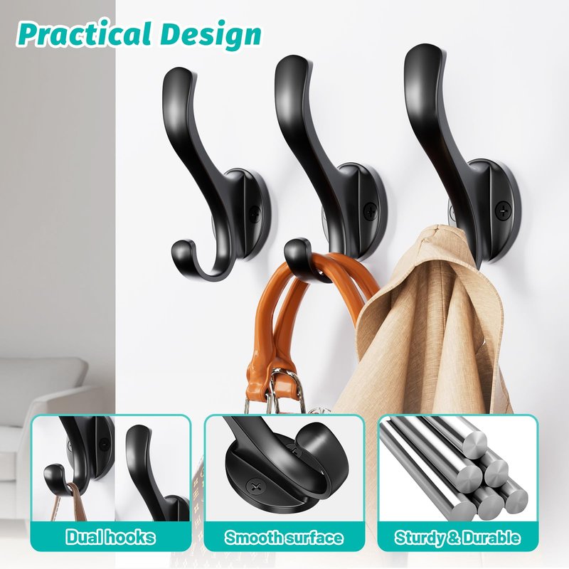 Ruiziiz Coat Hooks Heavy Duty - Wall Mount Metal Towel Hooks Screw-in Wall Hooks for Hanging Hat, Towel, Key, Robe, Scarf, Bag, Cap (6 PCS Black)