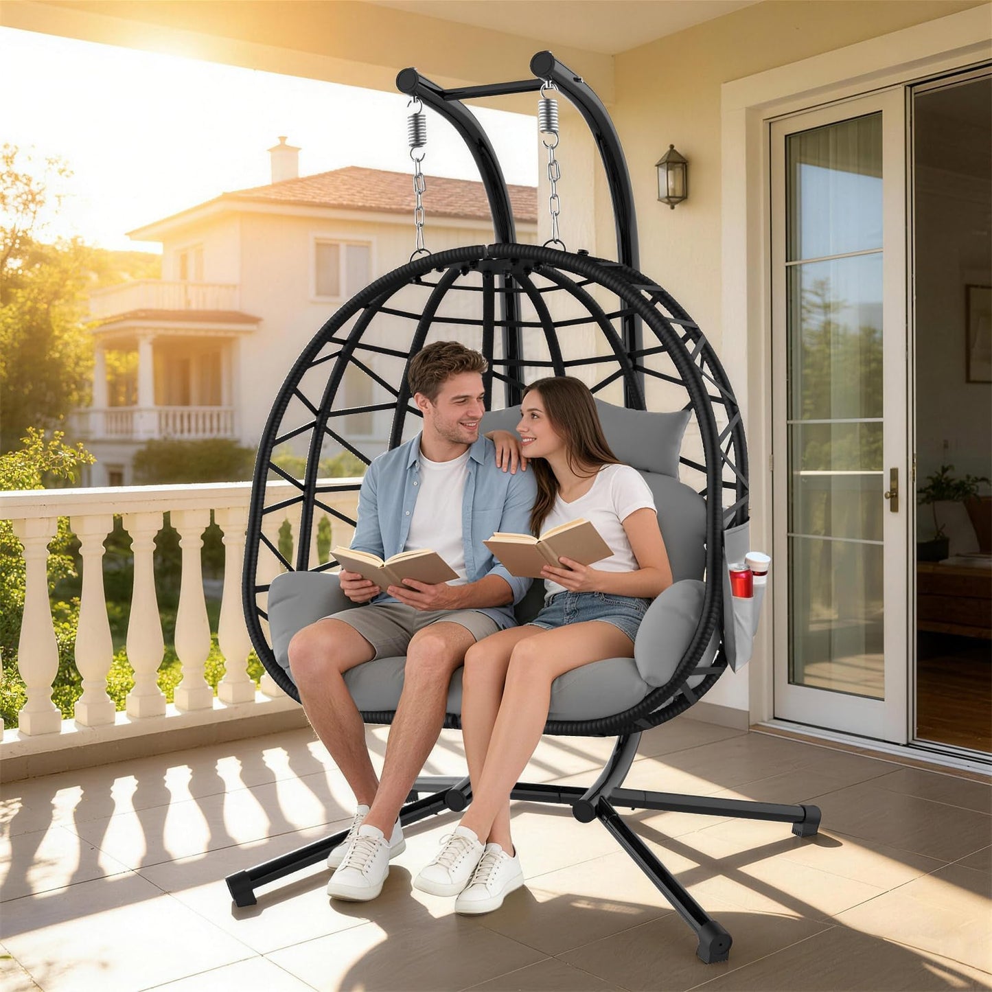 Suteck Double Hanging Egg Chair with Stand, Egg Swing Chair with Cushion,Outdoor Indoor 2 Person Wicker 700lbs Capacity for Patio, Bedroom, Garden - Black