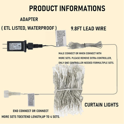 Dazzle Bright 300 LED Curtain String Lights, Waterproof, 8 Modes, Pink, Model CL-300CC