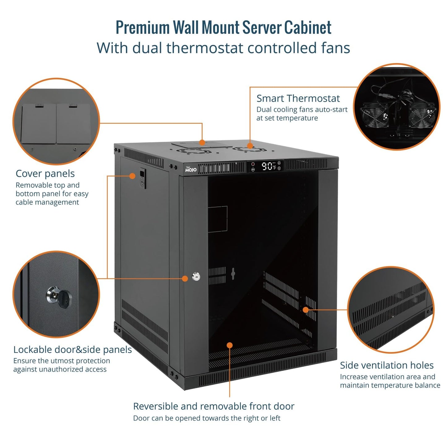 Tecmojo 12U Wall Mount Rack with Thermostat, 17.7inch Depth Enclosed Server Cabinet with 2 Cooling Fans,Lockable Door & Hardware,12U Rack for 19inch Equipments,Glass Door