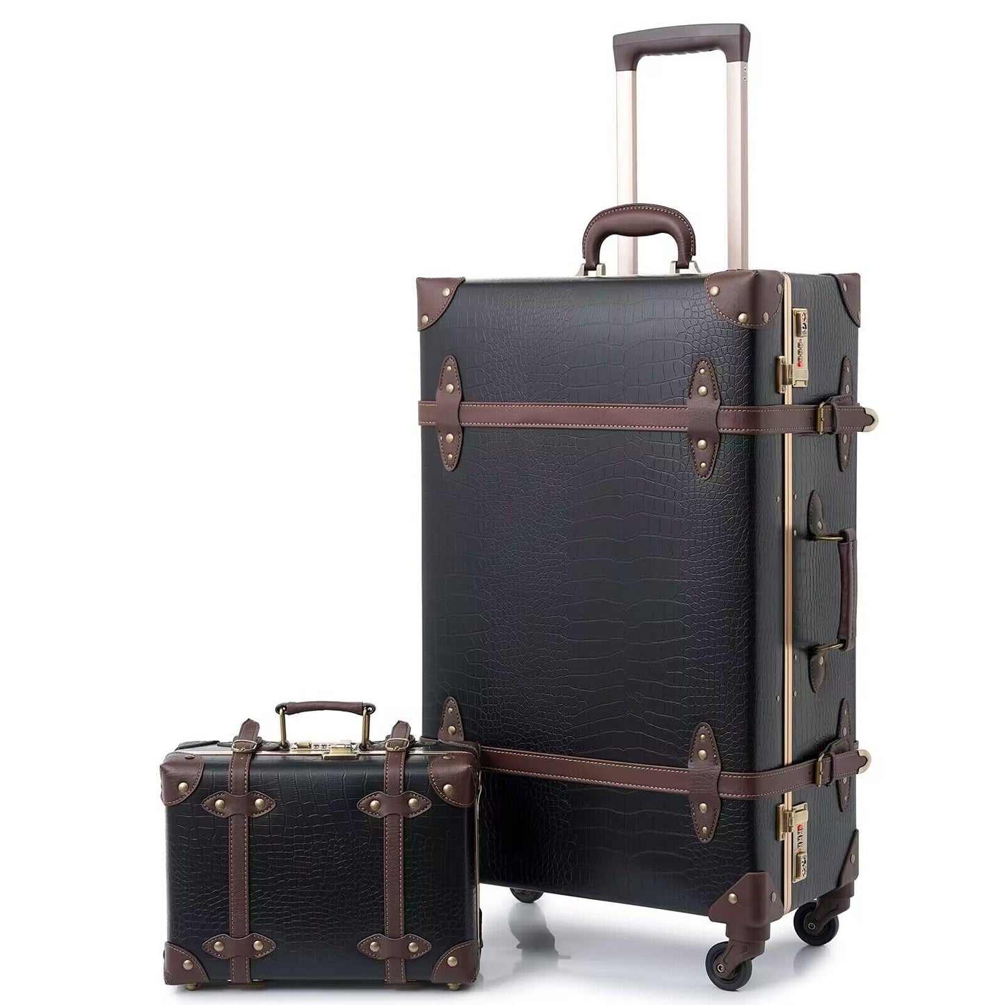 urecity Vintage Luggage Set of 2, Retro Suitcase Trunk with Wheels for Men and Women, Cute Designer Travel Luggage Set with Boarding Tote, Luggage Zipperless TSA Approved (20"+12", Black)