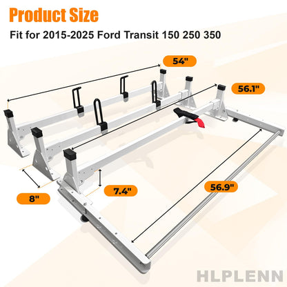 54" Ladder Roof Rack Fit for Ford Transit 150 250 350, 2015-2025 Heavy Duty Ladder Roof Rack with Rear Roller for Cargo Van, 800lbs Load Capacity (3 Crossbars), for Transporting Ladders, Pipes