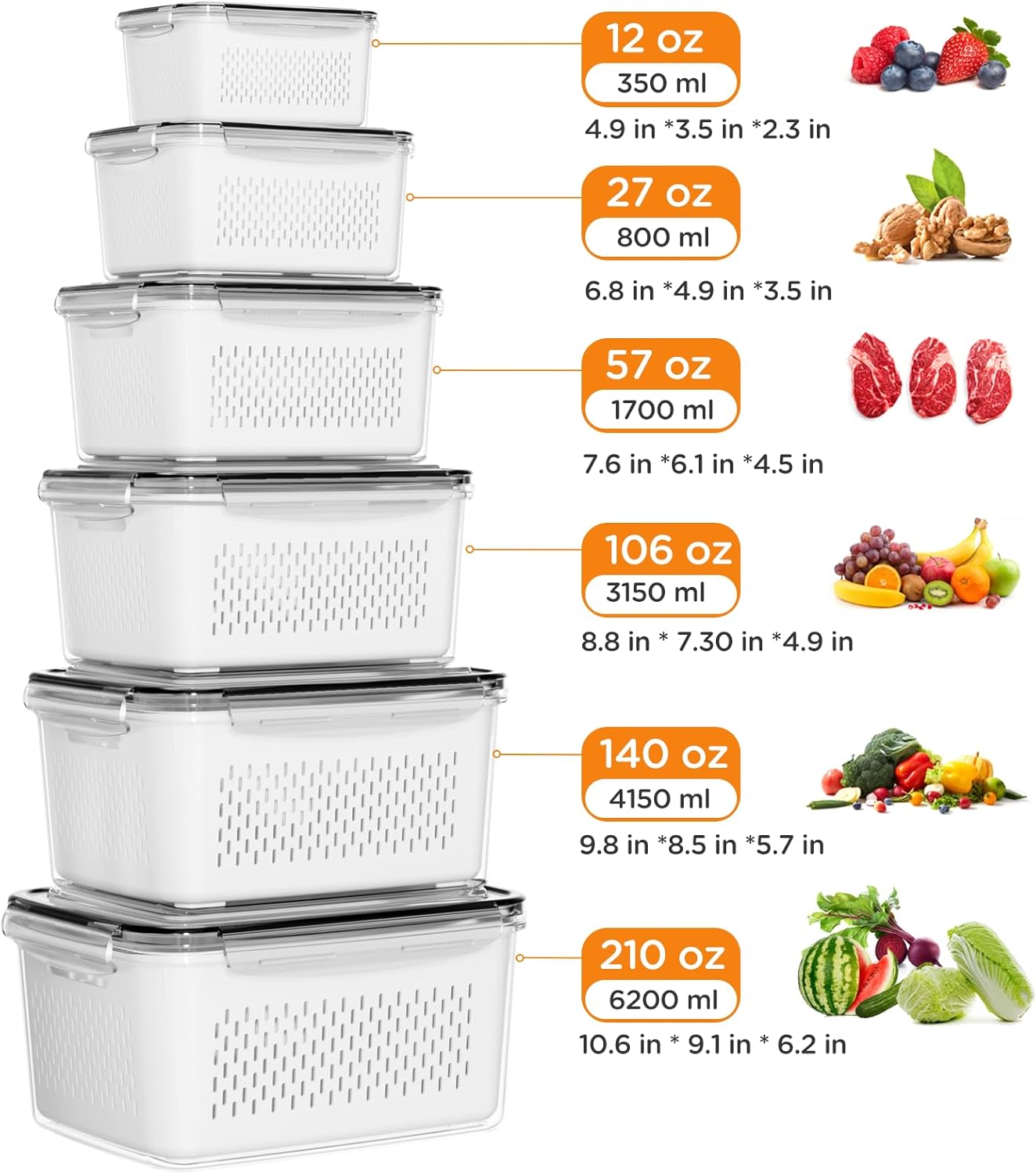 Skiennix 6-Piece Fruit Storage Containers - Leakproof Design with Removable Colanders for Fresh Produce
