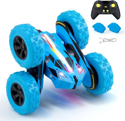 Threeking New Remote Control Car RC Flip Stunt Double Sided Driving Cars Toys for Boys Girls Ages 6-12 USB-C Modular Batteries 4WD 360° Flips with Breathing Soft Lights Presents Gifts Blue