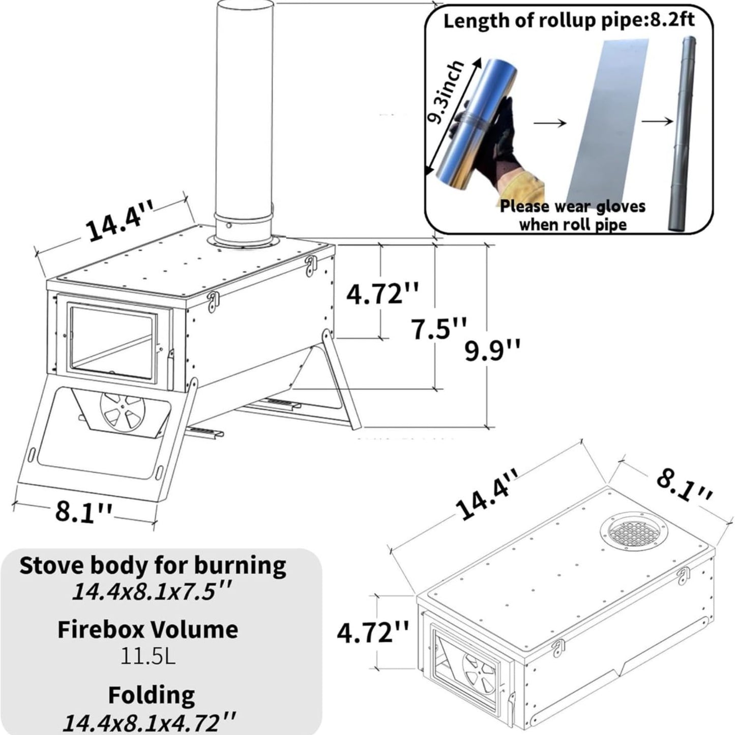 DANCHEL OUTDOOR S7C Wood Stove for Hot Tent, Portable Folding Camping Stove with Insulated Pad & Spark Arrestor, 304 Stainless Steel Collapsible Body for Winter Survival Cooking