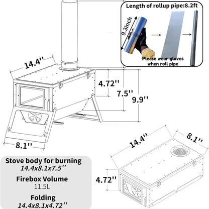 DANCHEL OUTDOOR S7C Wood Stove for Hot Tent, Portable Folding Camping Stove with Insulated Pad & Spark Arrestor, 304 Stainless Steel Collapsible Body for Winter Survival Cooking