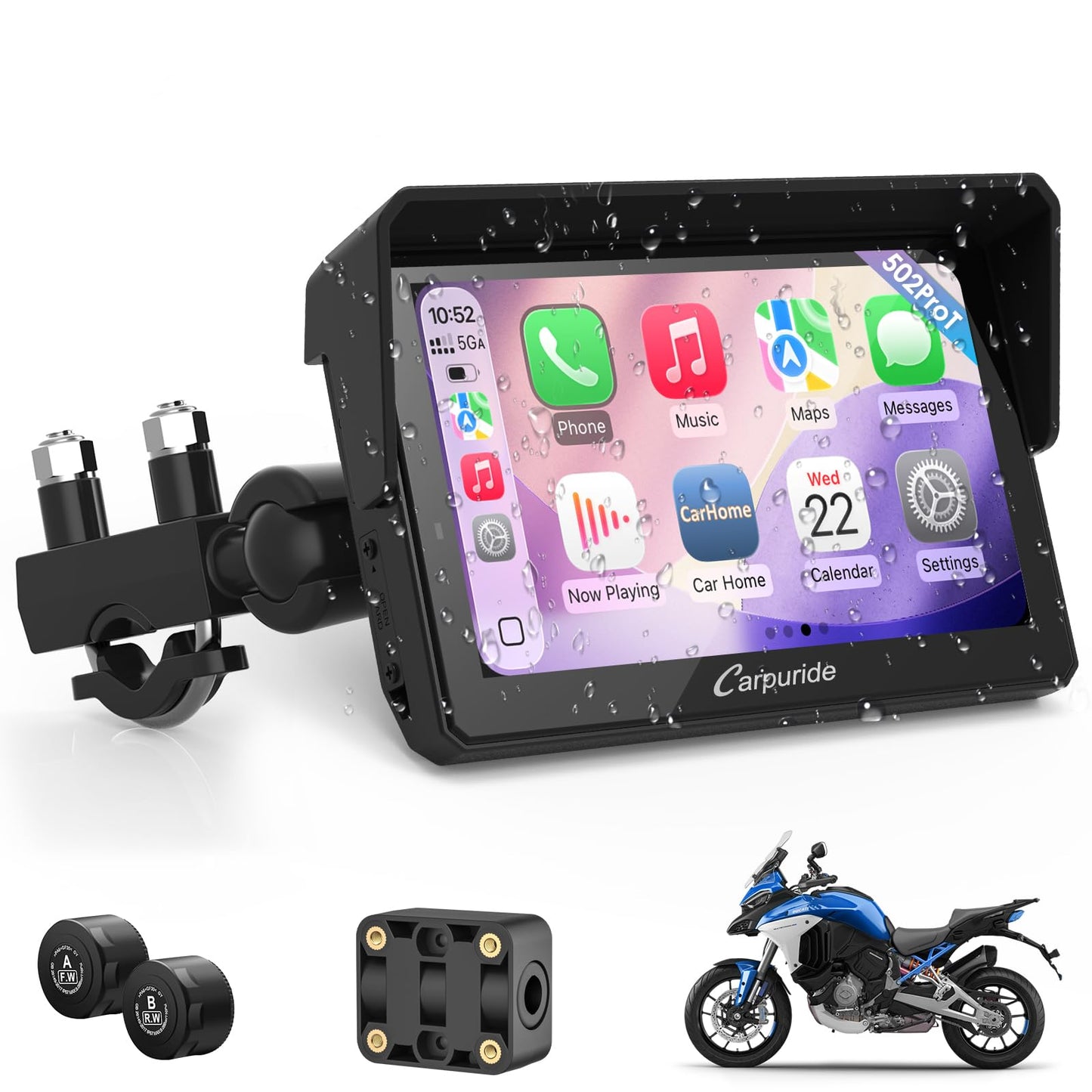 Carpuride W502TPRO for Motorcycle CarPlay& Android Auto& TPMS& Dual Bluetooth - 5" Waterproof GPS Navigation Screen for Motorbike, Music Sharing, Intercom, EQ, Light Sensor, Compass, Barometer