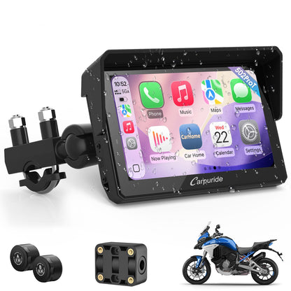 Carpuride W502TPRO for Motorcycle CarPlay& Android Auto& TPMS& Dual Bluetooth - 5" Waterproof GPS Navigation Screen for Motorbike, Music Sharing, Intercom, EQ, Light Sensor, Compass, Barometer