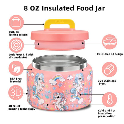 JXXM 8 Oz Thermo Food Jar for Hot & Cold Food for Kids, Insulated Lunch Containers Hot Food Jar,Leak-Proof Vacuum Stainless Steel Wide Mouth Lunch Soup Thermo for School (PINK-Unicorn)