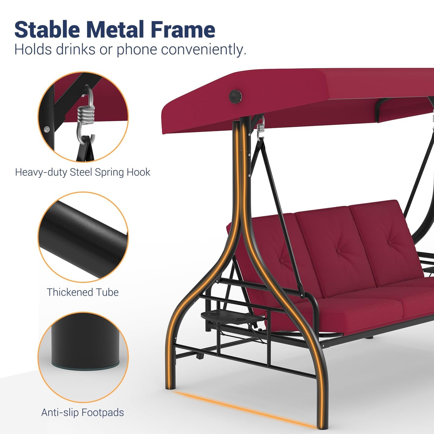 Garvee 3-Seat Outdoor Porch Swing with Adjustable Canopy, Convertible Patio Swing Bed with Stand, Thick Cushions & Cup Holders, Weather-Resistant Steel Frame for Backyard, Garden, Porch, Red