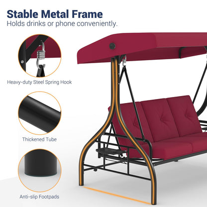 Garvee 3-Seat Outdoor Porch Swing with Adjustable Canopy, Convertible Patio Swing Bed with Stand, Thick Cushions & Cup Holders, Weather-Resistant Steel Frame for Backyard, Garden, Porch, Red
