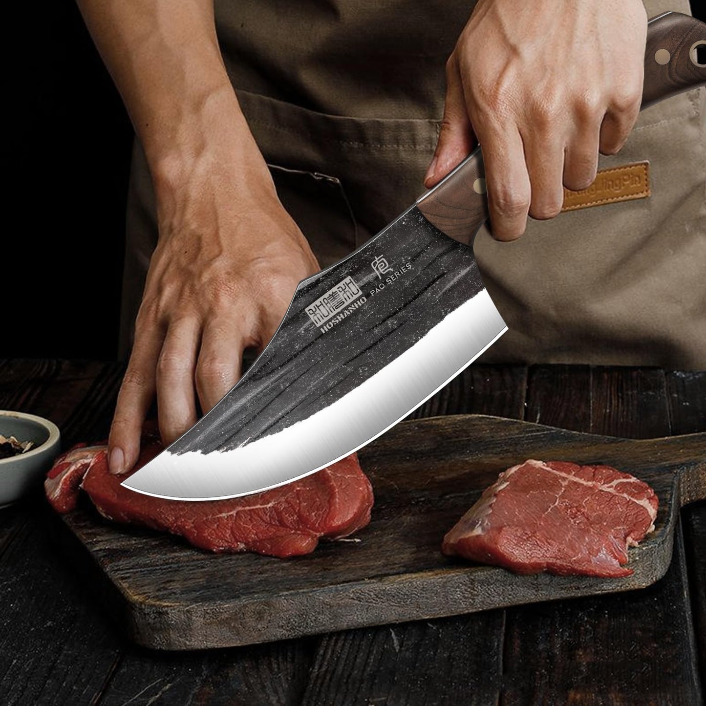 HOSHANHO Butcher Knife Set, Hand Forged Butcher Chef Knife Set with Roll Bag, Sharp Meat Cleaver Knife & Bone Chopper Knives & Fillet Knives for Home & Camping & BBQ Gift with Men