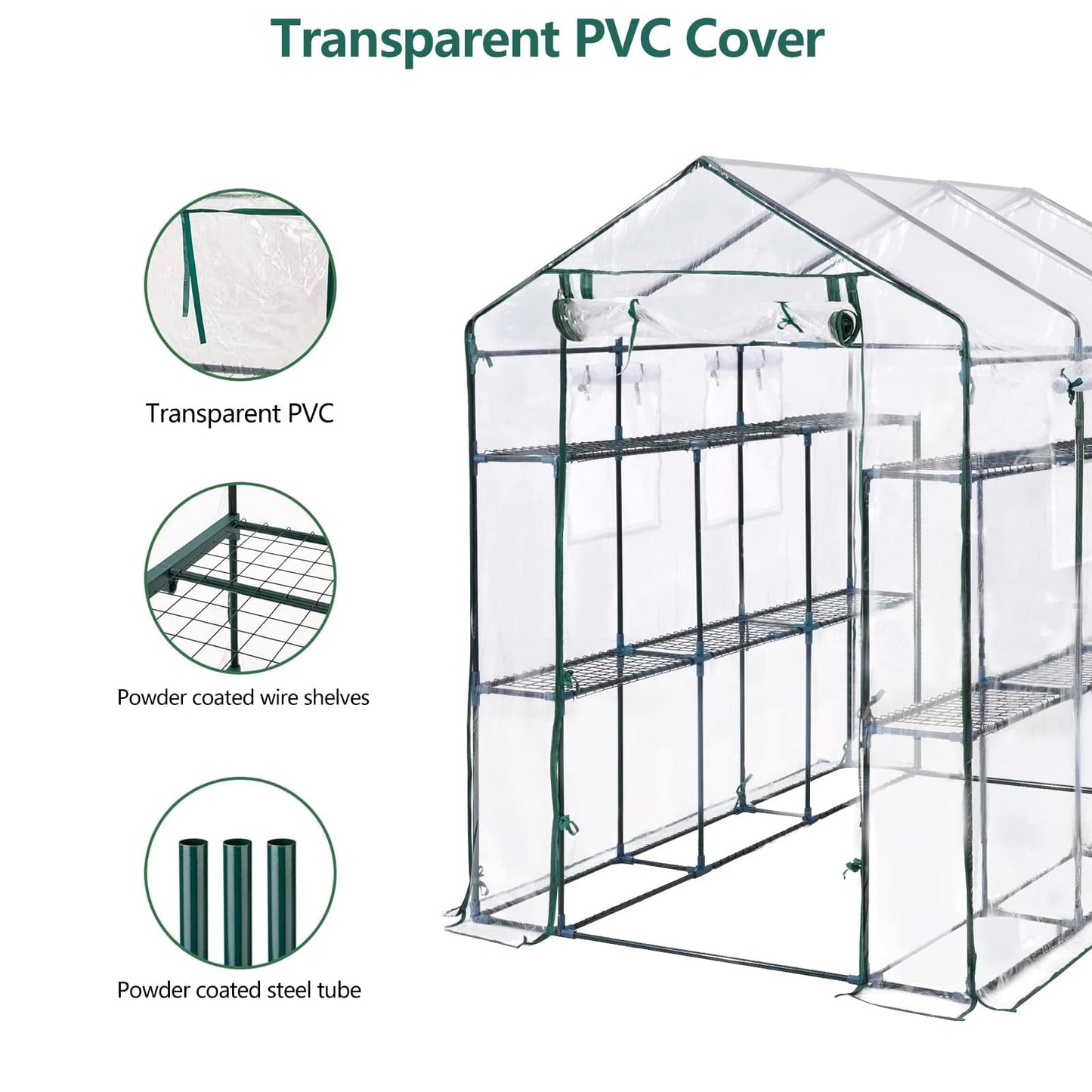 Greenhouse, 57 x 85 x 77'' Greenhouses for Outdoors, with Mesh Side Windows, PE Cover, 8 Shelves, Heavy Duty Walk in Green House for Backyard Garden Indoor, White& Green Outside