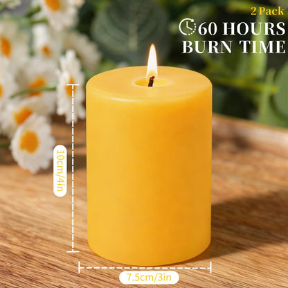UGBEM 2 Packs 3"x 4" Natural Beeswax Pillar Candles, 100% Pure Beeswax Candle 120 Hours Long Burning Emergency Candle, Unscented Bees Wax Candles for Home Decor, Air Purification, Smokeless & Dripless