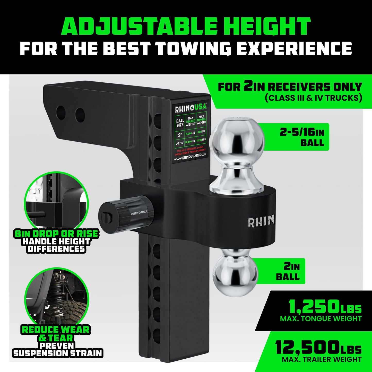 Rhino USA Adjustable Trailer Hitch (Fits 2-Inch Receiver)-Heavy Duty Aluminum Tow Hitches with 10-Inch Drop/Rise for Truck (12,500 LBS GTW) - Weatherproof Double Anti-Theft Locking Hitch Pins (Black)