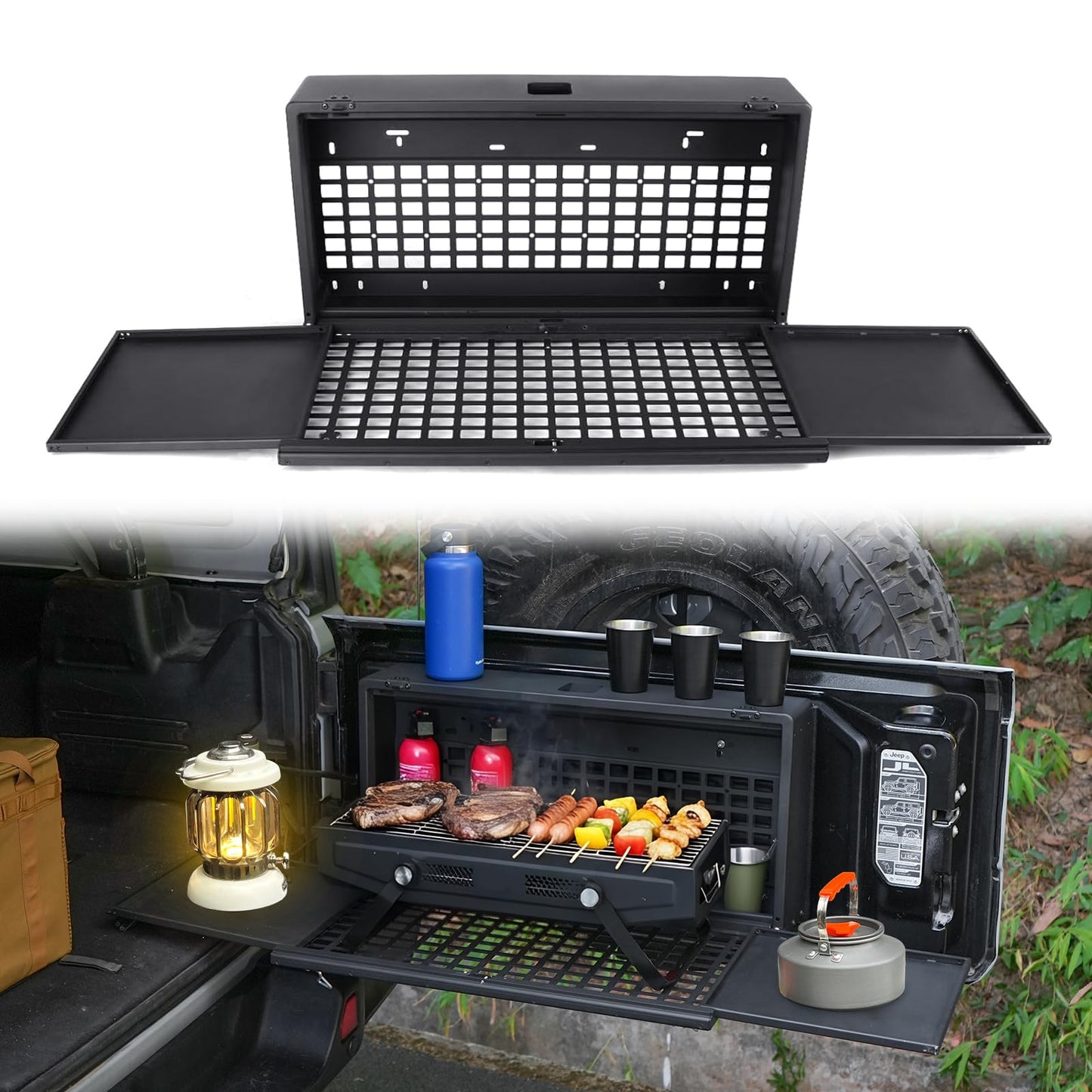 Tailgate Table Storage Lock Box Compatible with Jeep Wrangler JK JKU JL JLU 4 Door, Aluminum Foldable Rear Cargo Shelf MOLLE Panel Camping Desk Organizer